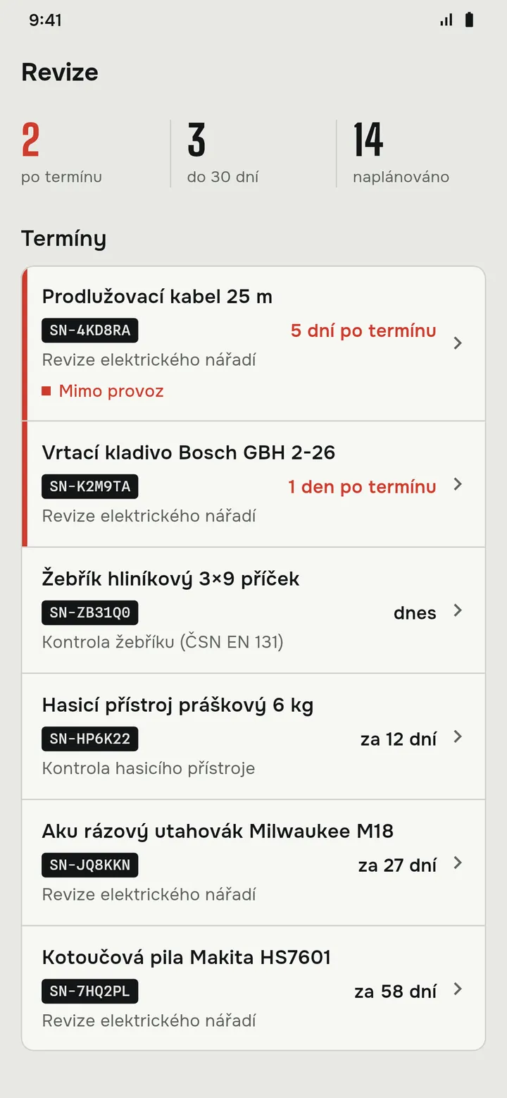 Appka VRUB: revize nářadí s prošlými a blížícími se termíny